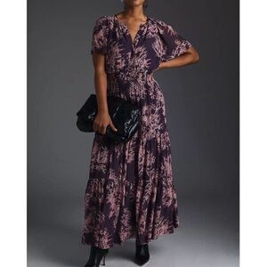 NWOT Anthropologie The Somerset Maxi Dress Chiffon Floral Printed Smocked Purple